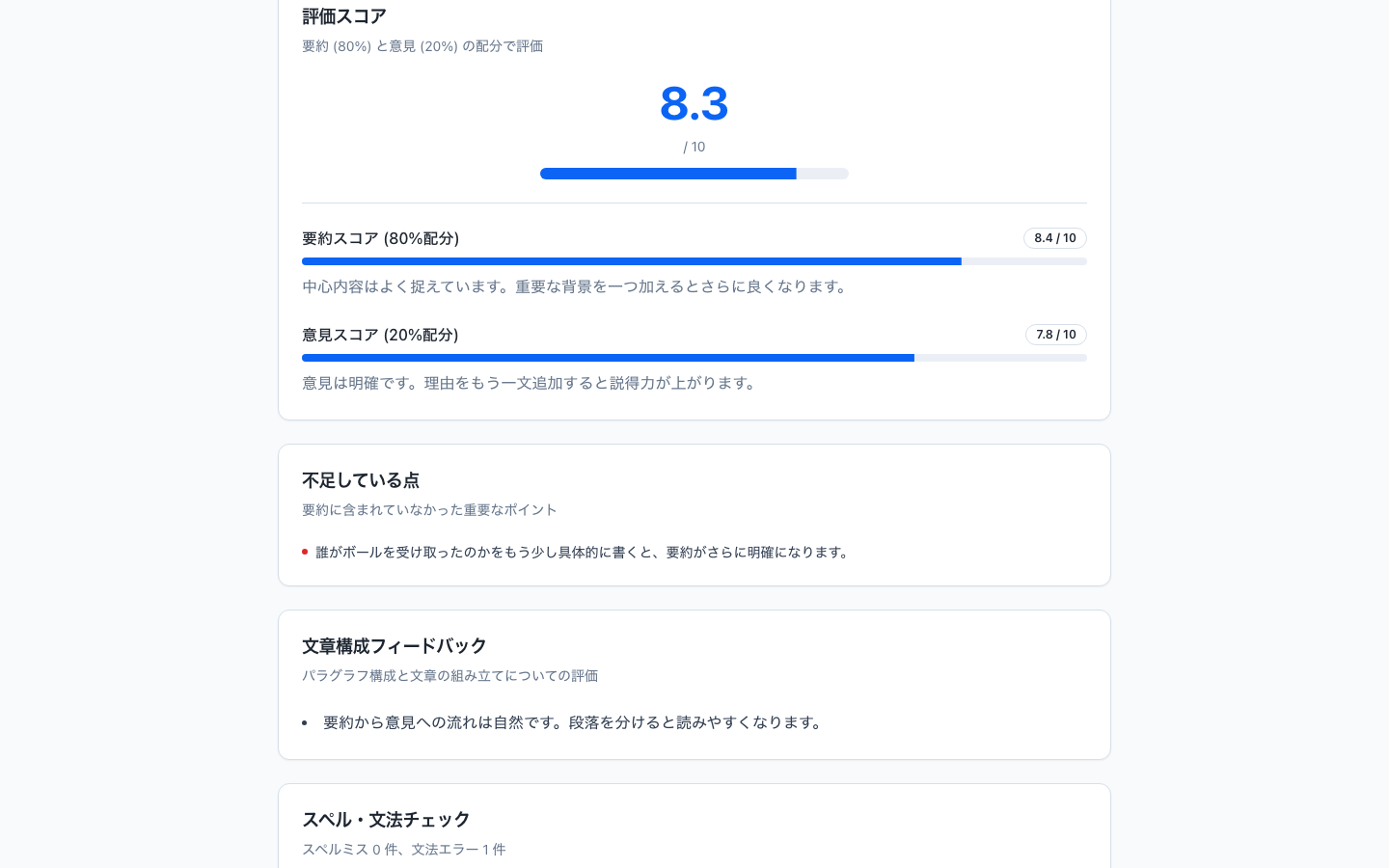 Writing の評価結果画面